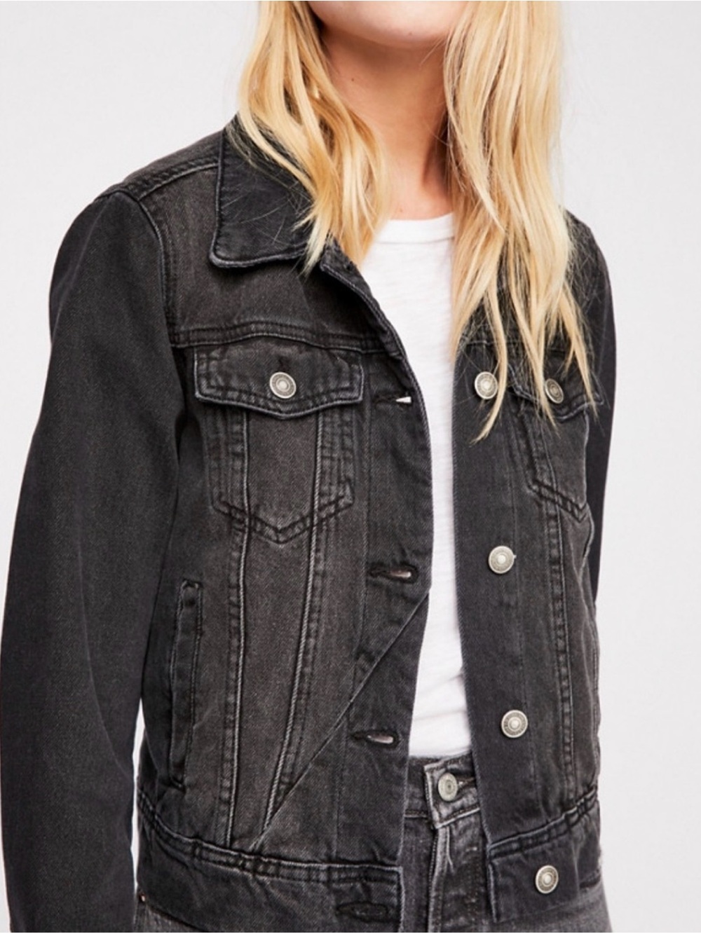 Free People Black Washed Denim Trucker Jacket. Size S